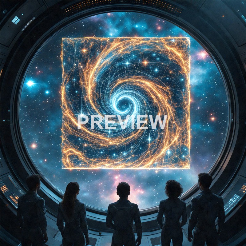 Five people in business attire are standing inside a futuristic space station, observing a large window displaying a swirling galaxy with a glowing spiral pattern and a superimposed digital neural network visualization.